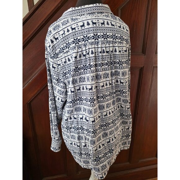 Lands End Womens Christmas Reindeer Blue White Flannel Button-Up Shirt 22W - Picture 3 of 8